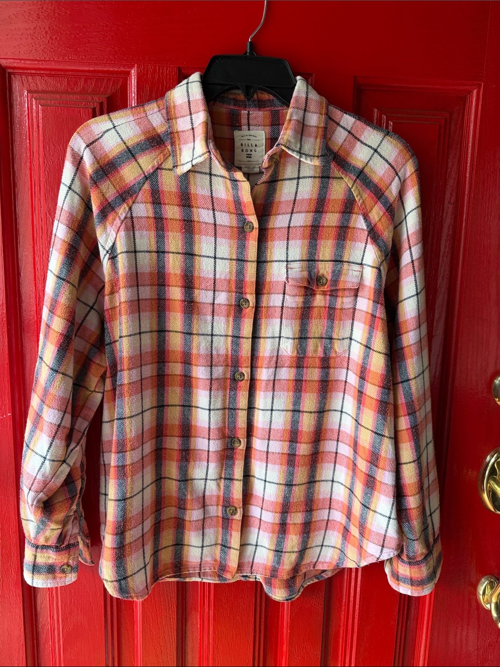 Billabong Pink Yellow Plaid Button-Down Shirt - Picture 1 of 8